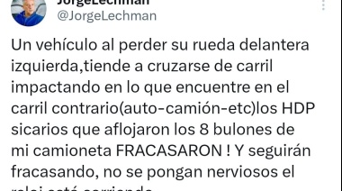 La rueda de la camioneta del legislador Jorge Lechman se desprendió en plena circulación