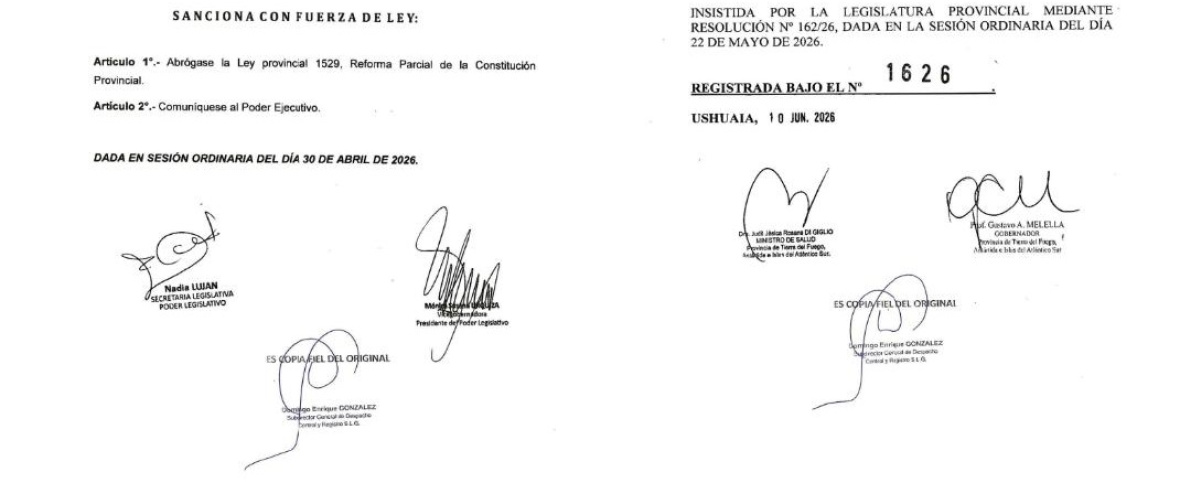 Quedó oficialmente derogada la ley que impulsaba la reforma parcial de la Constitución fueguina