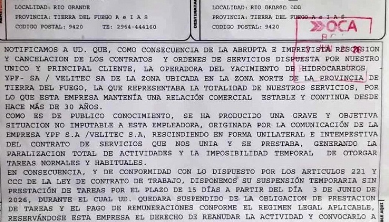 YPF y Velitec en el centro de la tormenta: ALMAR suspendió a sus empleados