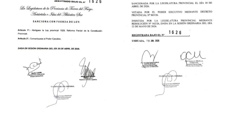Quedó oficialmente derogada la ley que impulsaba la reforma parcial de la Constitución fueguina