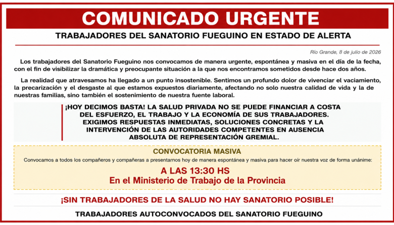 Sanatorio Fueguino al límite: denuncian atraso salarial, aguinaldos impagos y vaciamiento